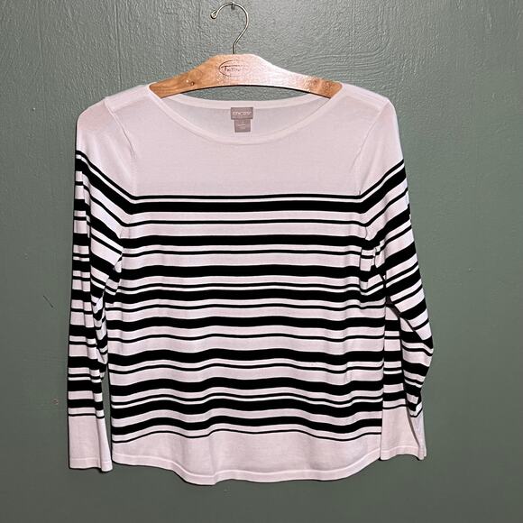 Chicos Size 2 White Black Striped Long Sleeve Top Relaxed Fit - Picture 3 of 7